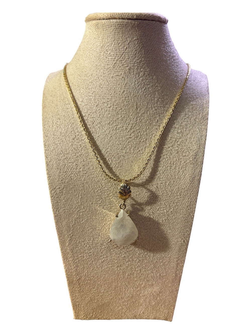 Gold Plated Chain Necklace with White Teardrop Pendant and Decorative Bead